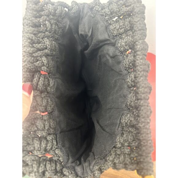 Macrame Handbag Black Bamboo‎ Round Wood Handles Boho Hippie Cottagecore Purse - Picture 7 of 7